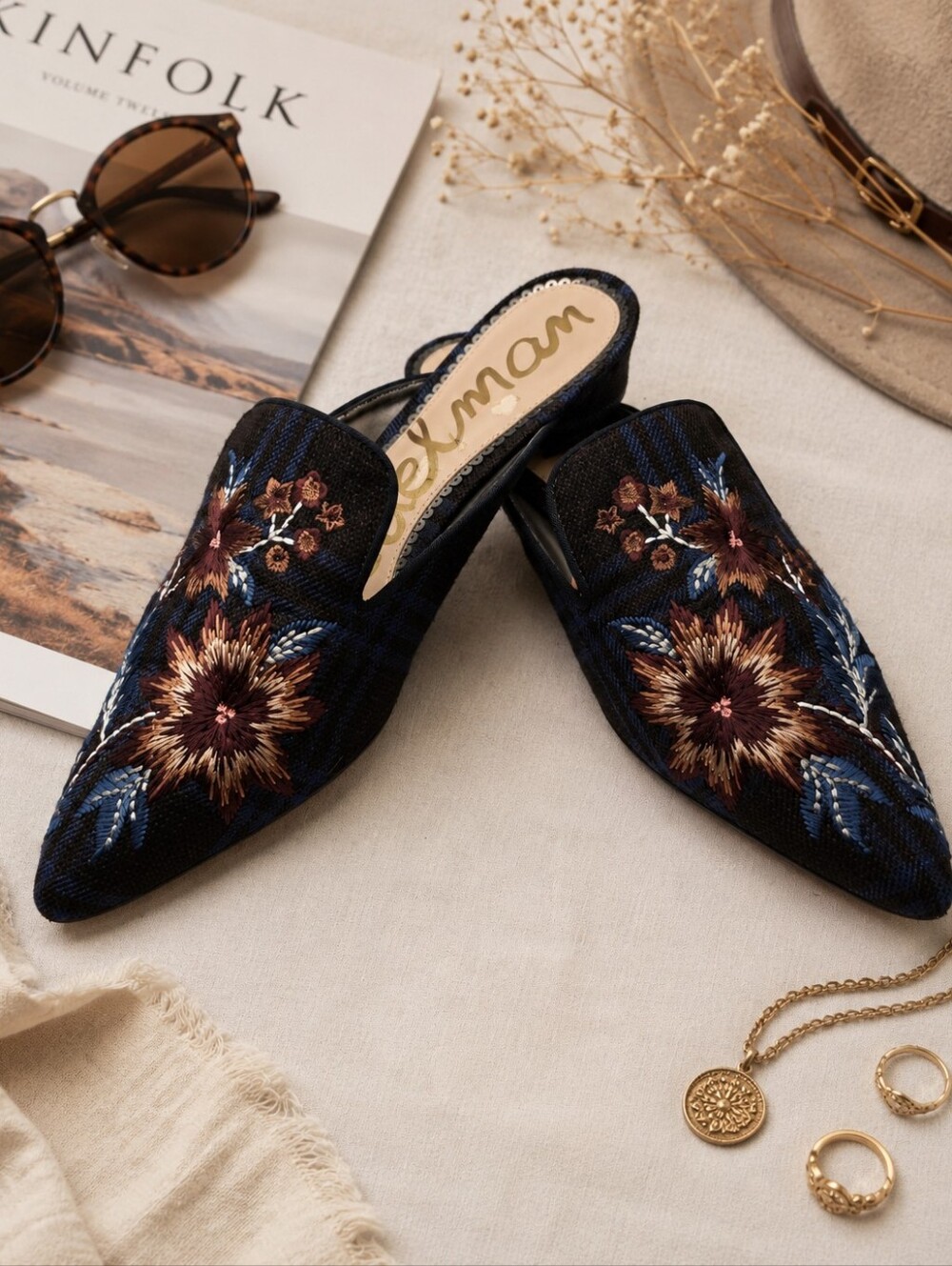 Sam Edelman Embroydered Floral Plaid Pointed Toe Slides Shoes With Flaws Sz 10m